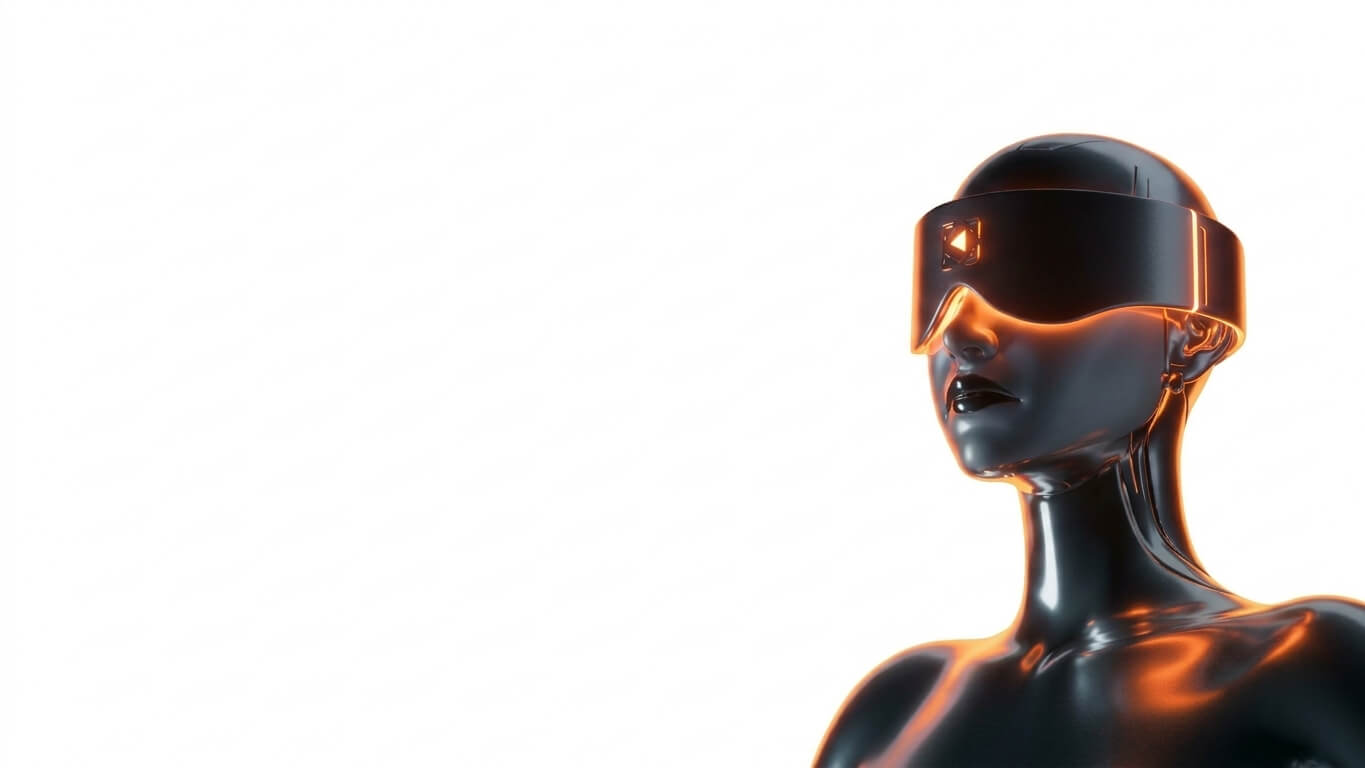 Futuristic figure wearing a virtual reality headset, illuminated with warm orange light